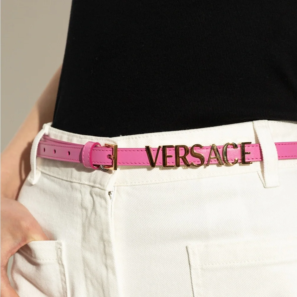 New Authentic luxury Versace Pink Leather Logo Belt Pink and Gold